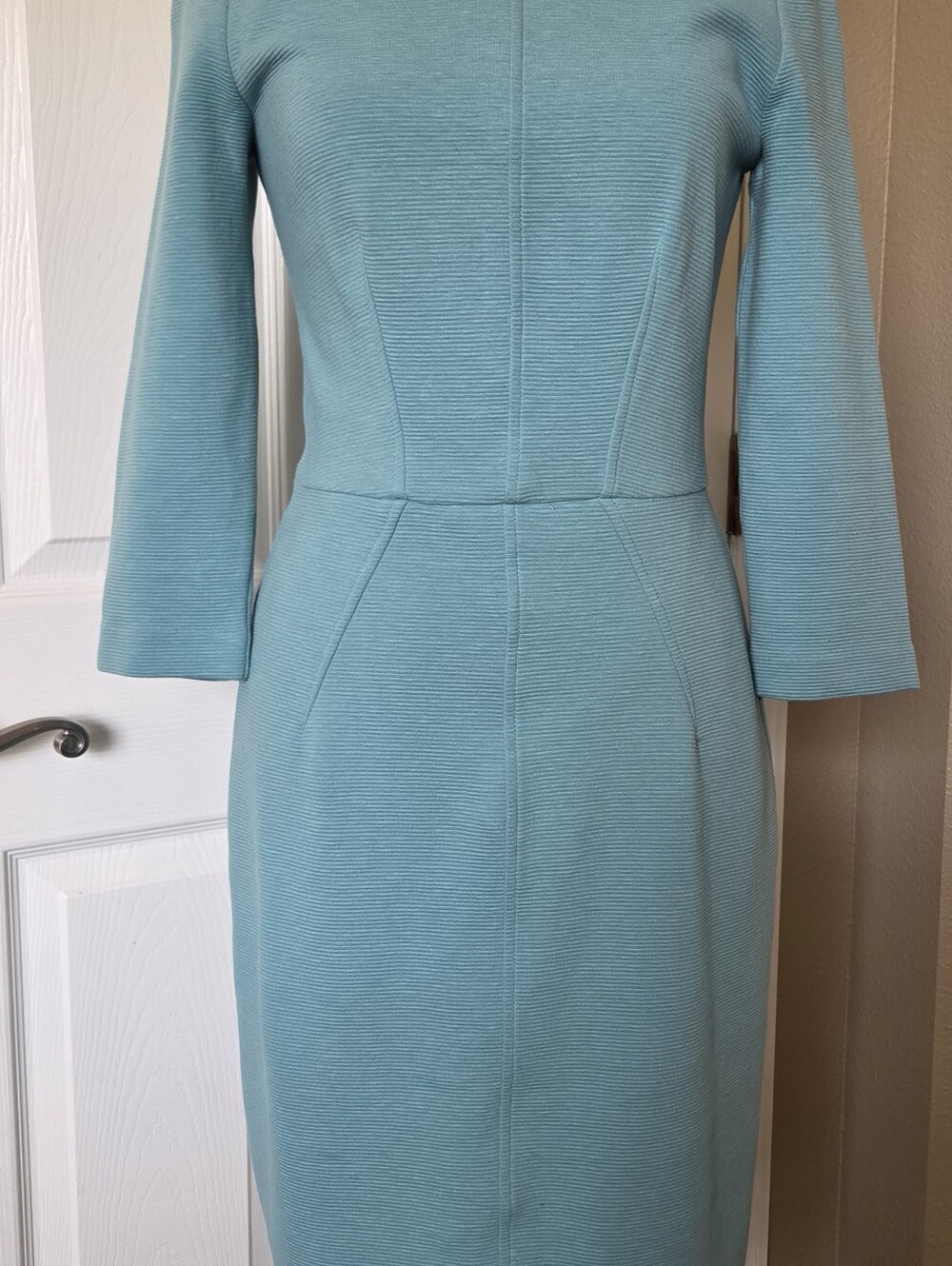 Boden Teal Cotton Blend Tailored Textured Midi Sheath Dress - Picture 5 of 9